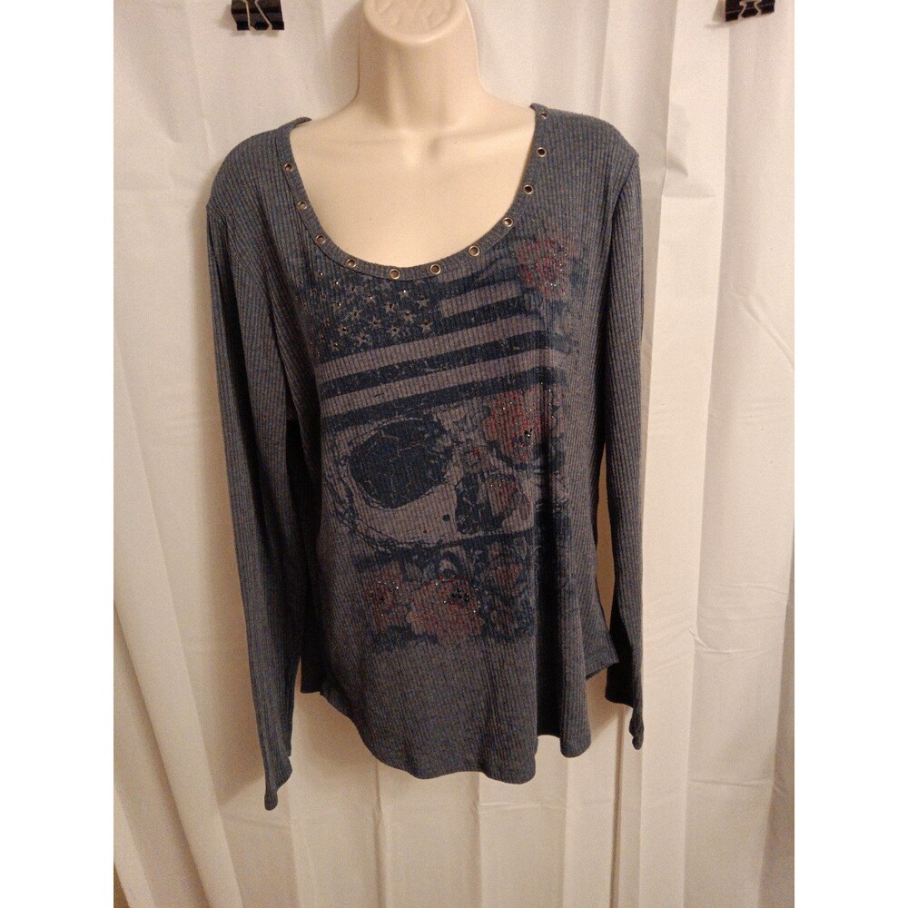 VOCAL USA Top Sz XL Cotton Ribbed Rhinestone Embellished Stonewash Long sleeves